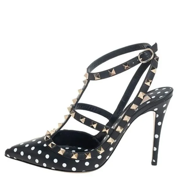 VALENTINO GARAVANI Black Ankle Strap Rockstud White Polkadot Sandals Siz… - Picture 4 of 15